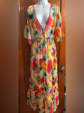 Tropical Fruit Print V-Neck Swim Coverup - Coral Multi